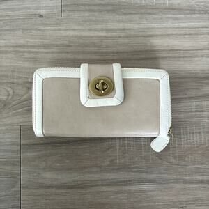 Vintage Coach Continental Zip Around Leather Wallet Almond and Beige
